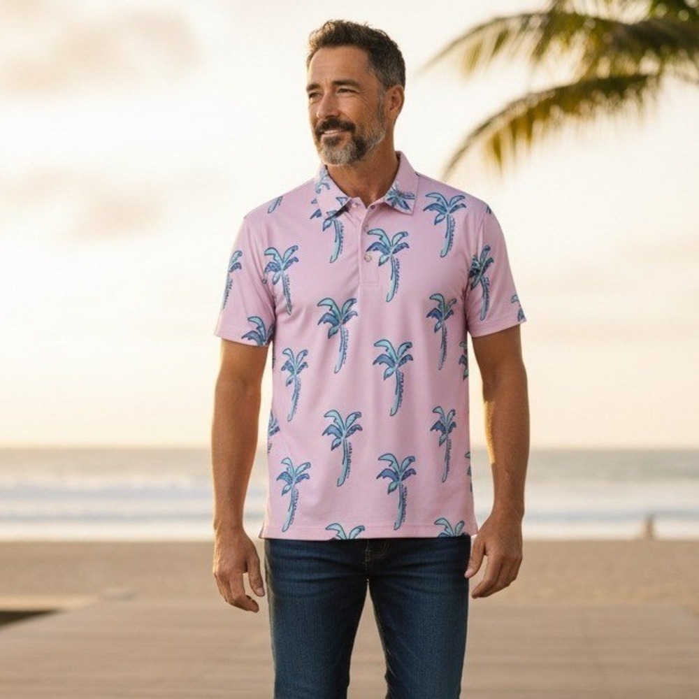 Chubbies Mens Pink Palm‎ Tree Print Performance Polo Shirt Short Sleeve Small